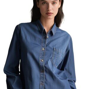 Mossimo Denim Button Down Shirt Studded Pocket Long Sleeve Hi-Low Hem Size Small